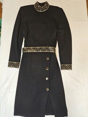 Vtg St John Black Evening Gold Embellishment Dress Long Sleeve Size 12